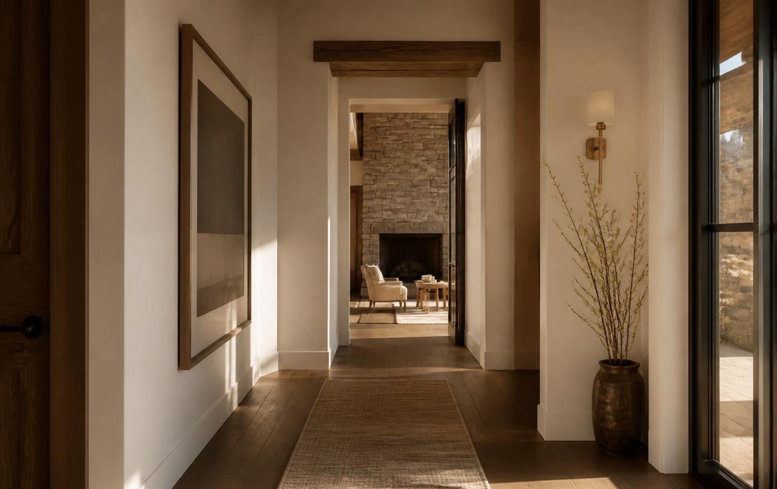 A sunlit walnut hallway inside a Park City residence