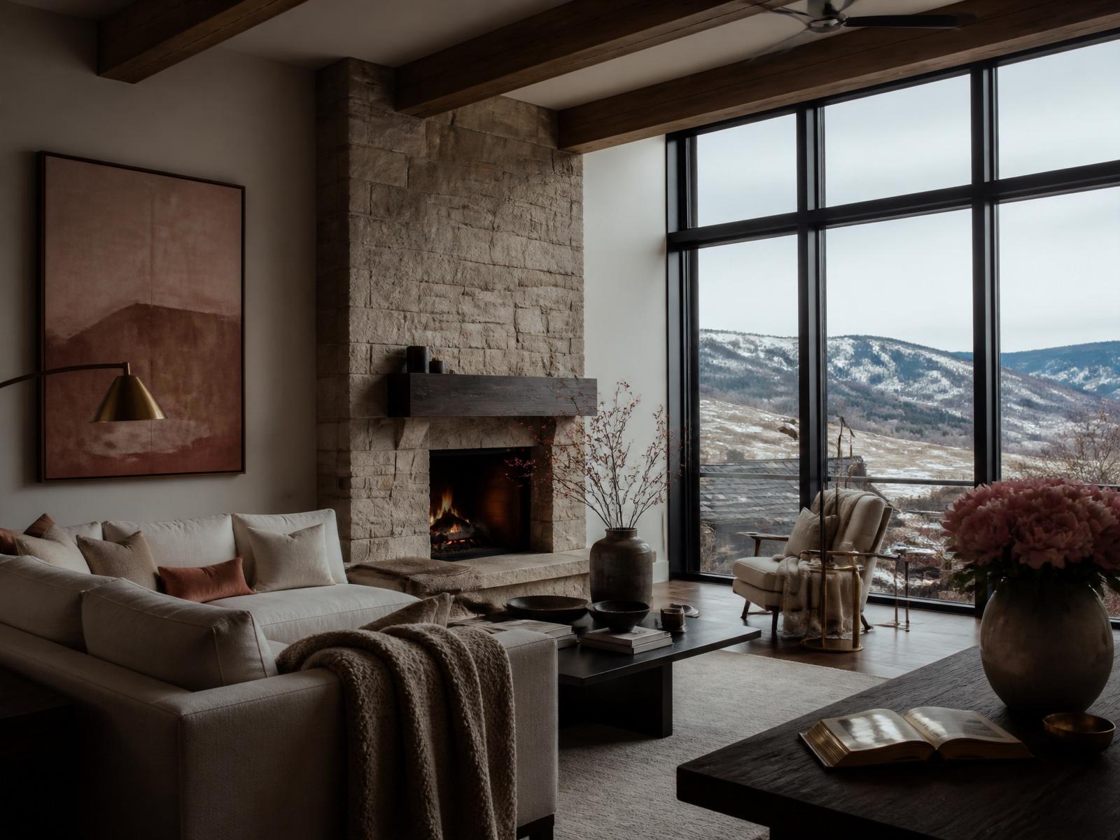 A refined mountain-modern living room with warm walnut and stone